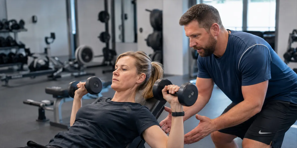 Coach sportif guidant une cliente lors d'un exercice haltères