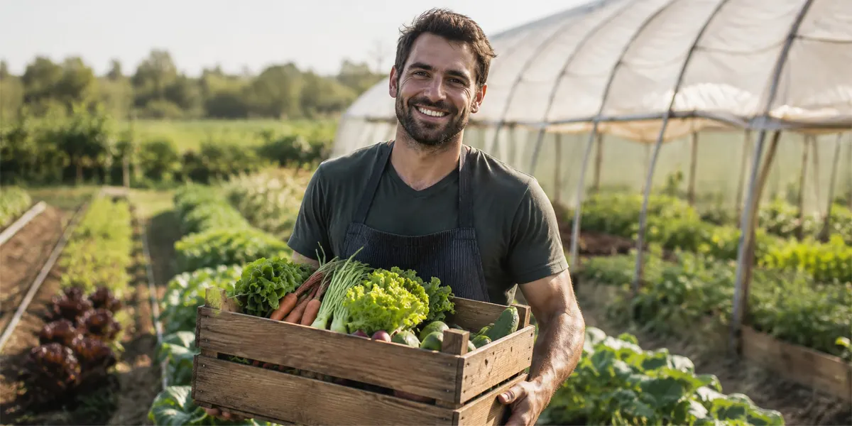 Maraîcher souriant avec une caisse de légumes frais