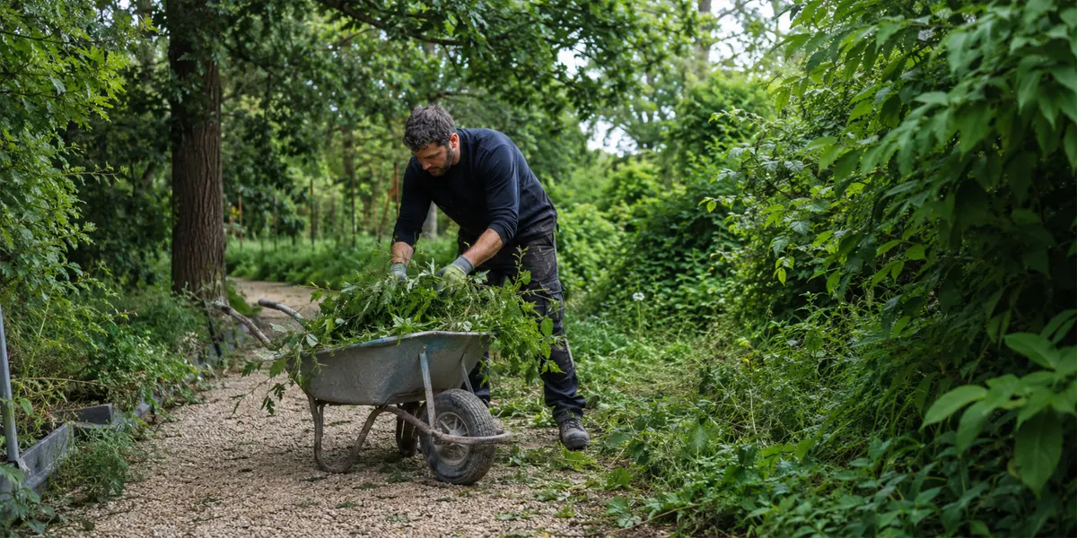 Paysagiste chargeant des déchets verts dans une brouette
