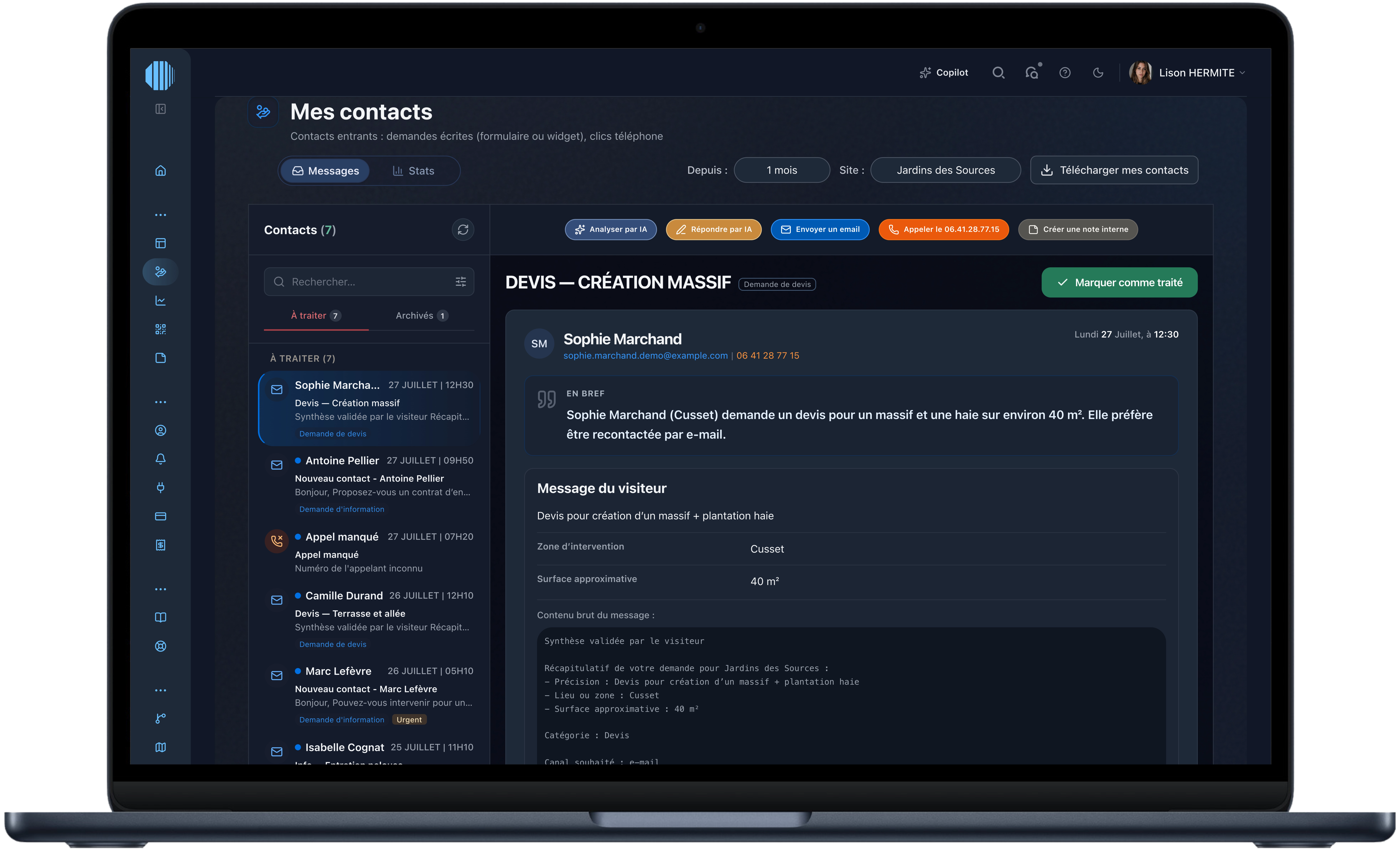 Aperçu de Mes contacts — boîte de réception Mini CRM MERCUR