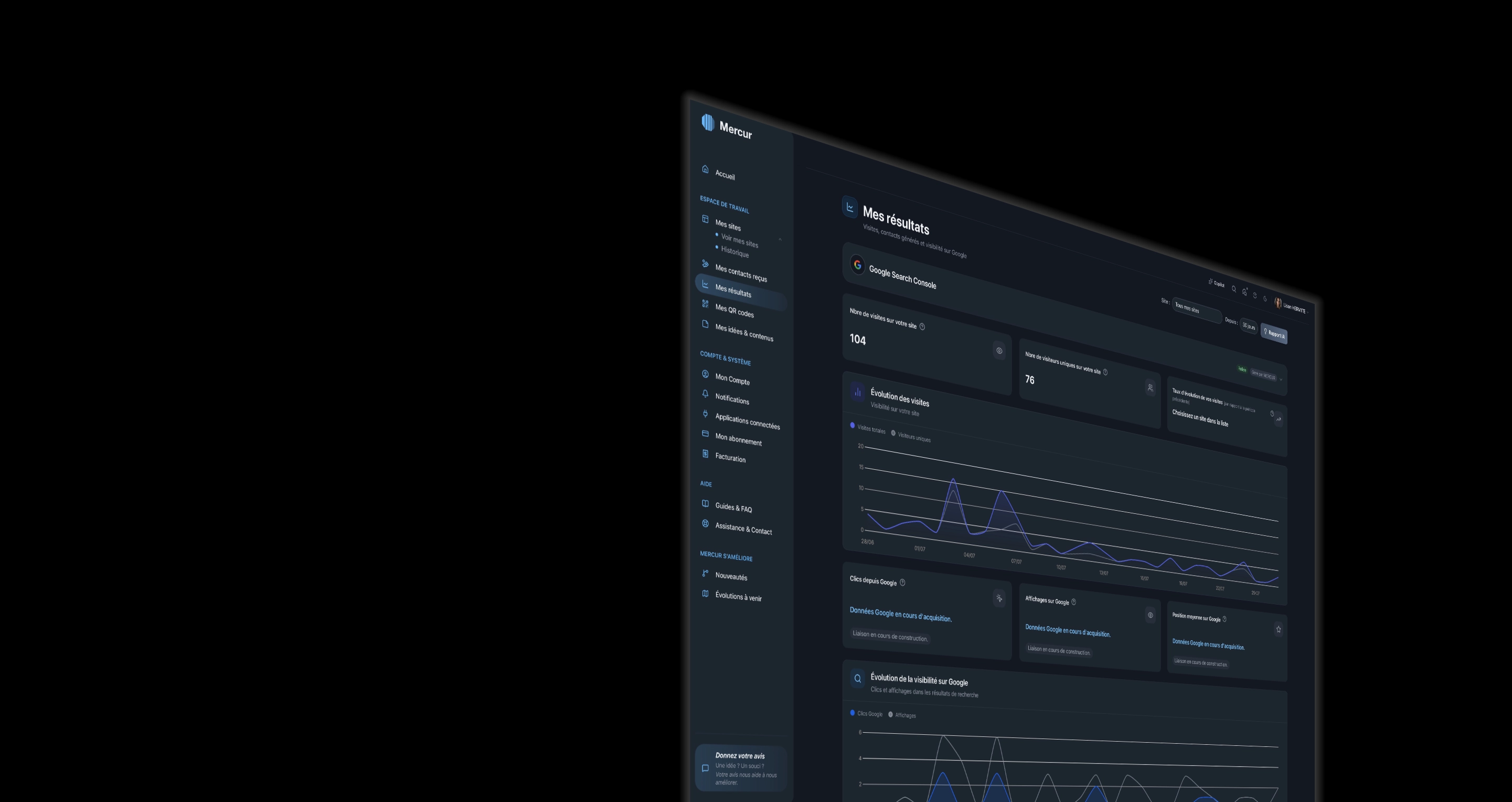 Mes résultats — tableau de bord MERCUR avec visites, contacts et évolution